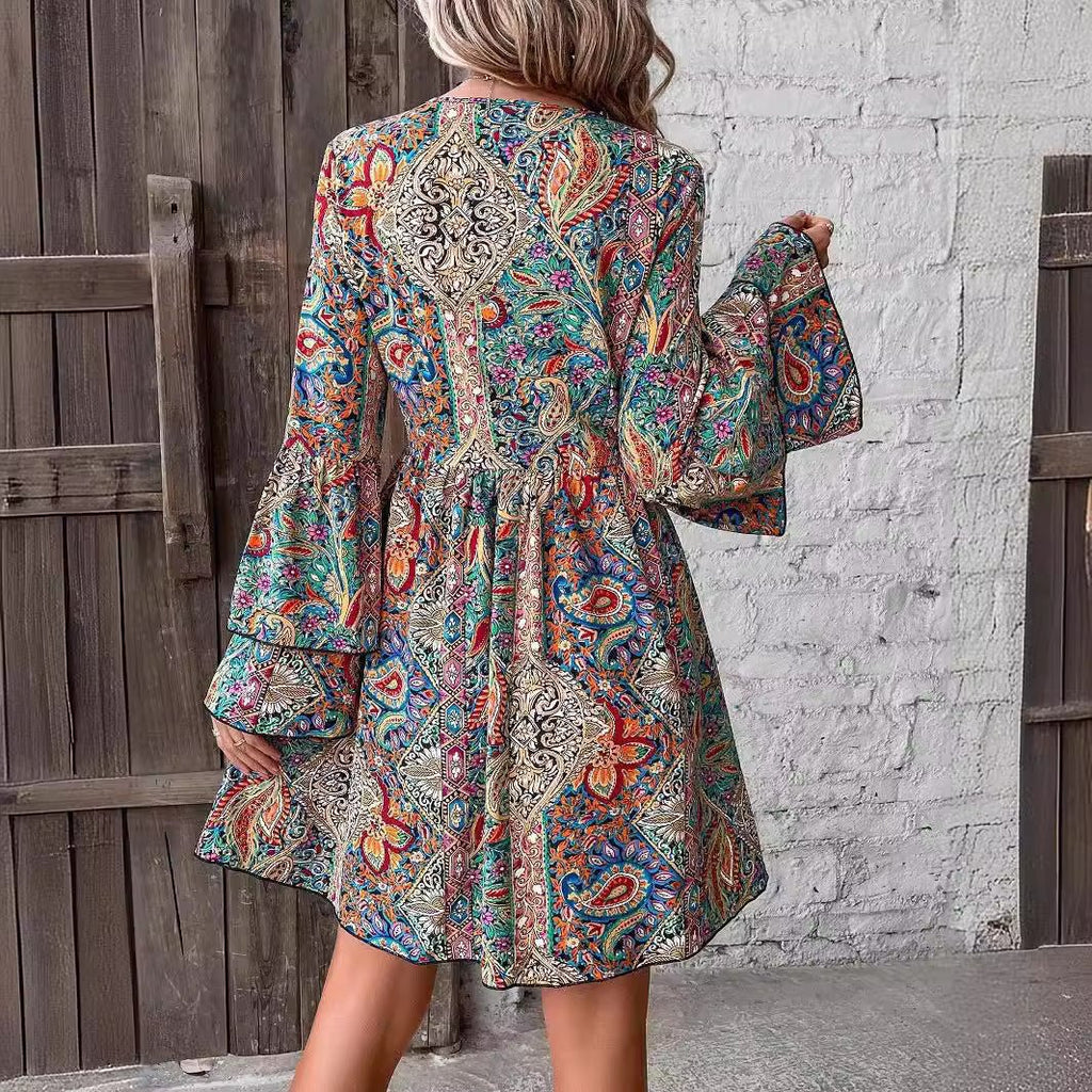 2025 spring new elegant women's floral print V-neck trumpet sleeve dress
