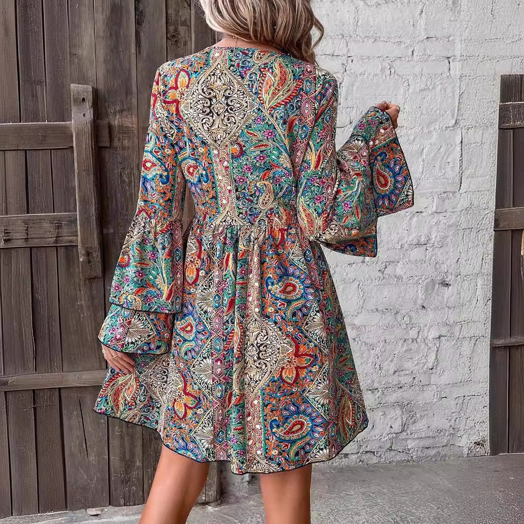 2025 spring new elegant women's floral print V-neck trumpet sleeve dress