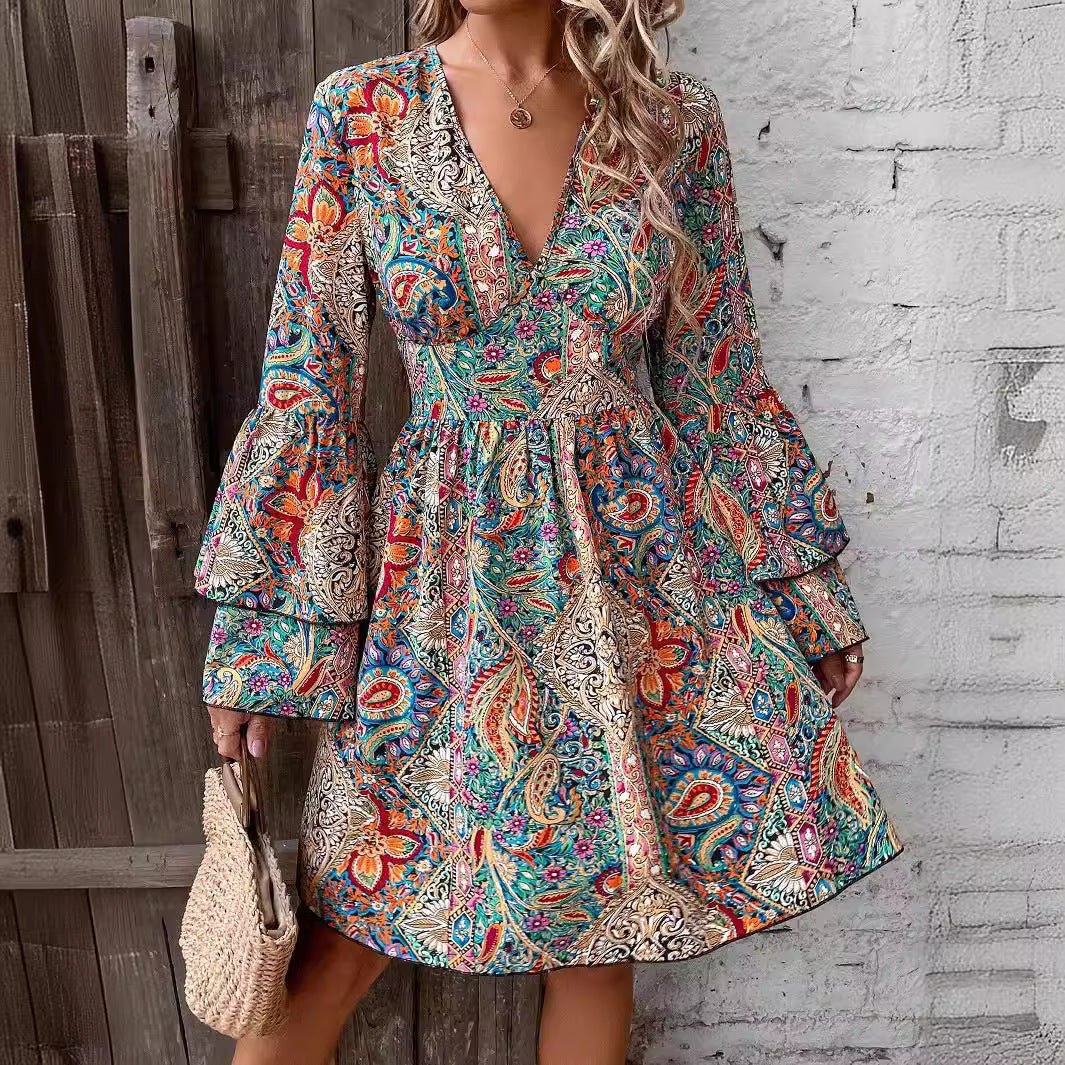 2025 spring new elegant women's floral print V-neck trumpet sleeve dress