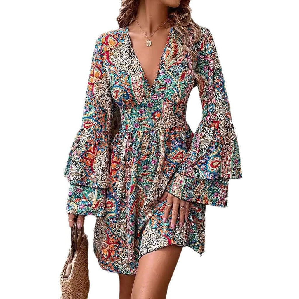 2025 spring new elegant women's floral print V-neck trumpet sleeve dress