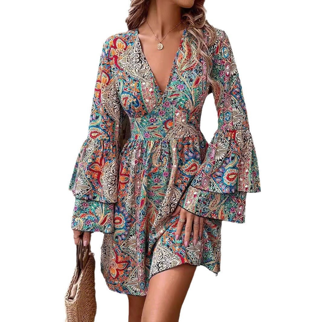2025 spring new elegant women's floral print V-neck trumpet sleeve dress