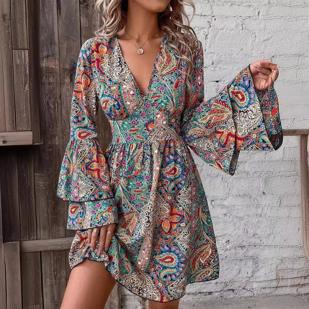 2025 spring new elegant women's floral print V-neck trumpet sleeve dress