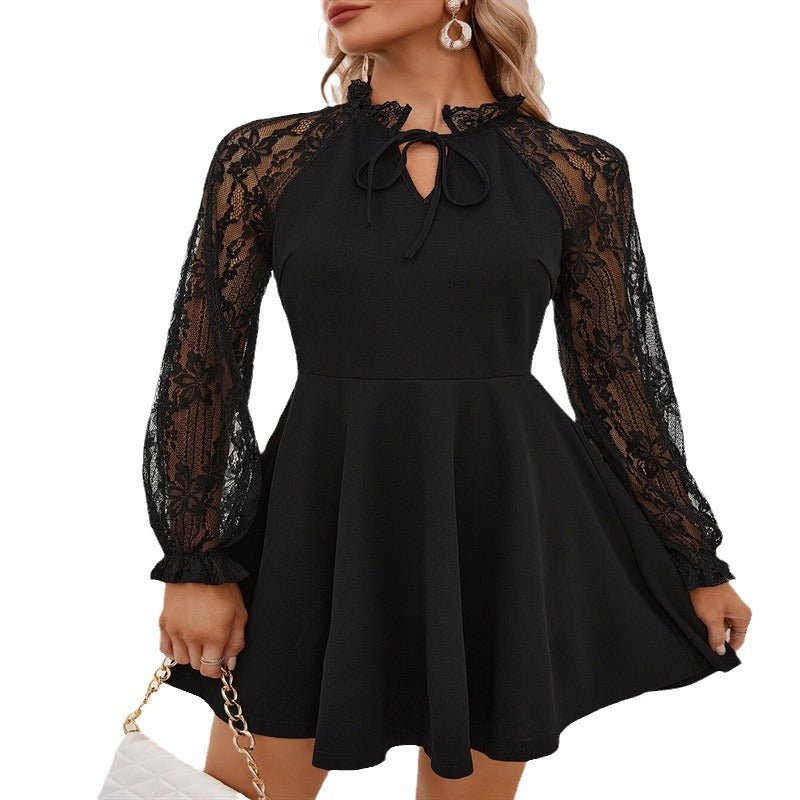 2025 spring new elegant women's solid color French contrasting color lace lace-up long-sleeved dress