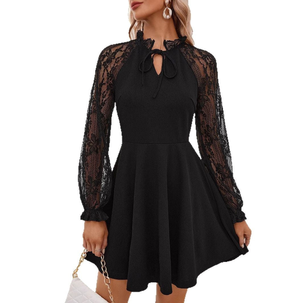 2025 spring new elegant women's solid color French contrasting color lace lace-up long-sleeved dress