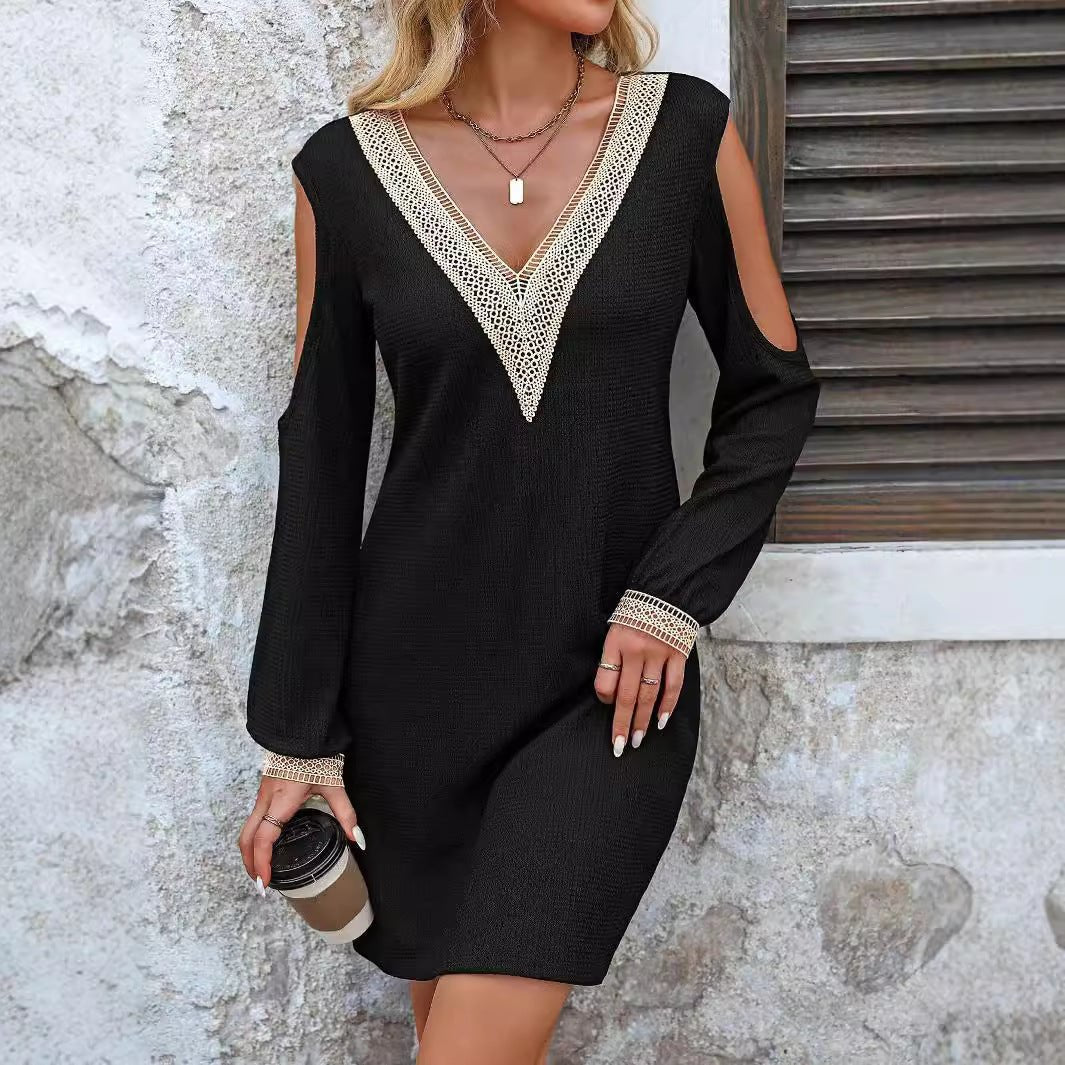 2025 spring new elegant women's solid color lace lace V-neck hollow long-sleeved dress
