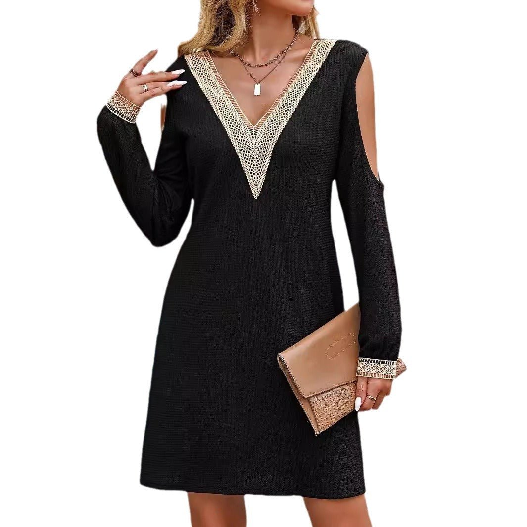2025 spring new elegant women's solid color lace lace V-neck hollow long-sleeved dress