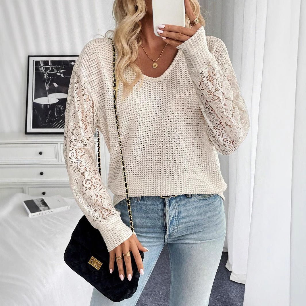 2025 spring new elegant women's solid color V-neck lace splicing long-sleeved T-shirt top women