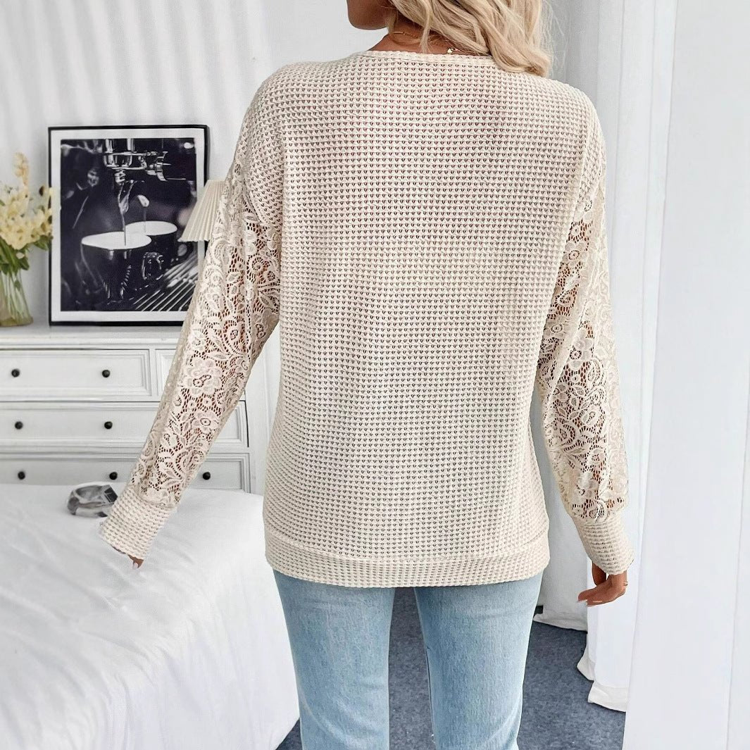 2025 spring new elegant women's solid color V-neck lace splicing long-sleeved T-shirt top women