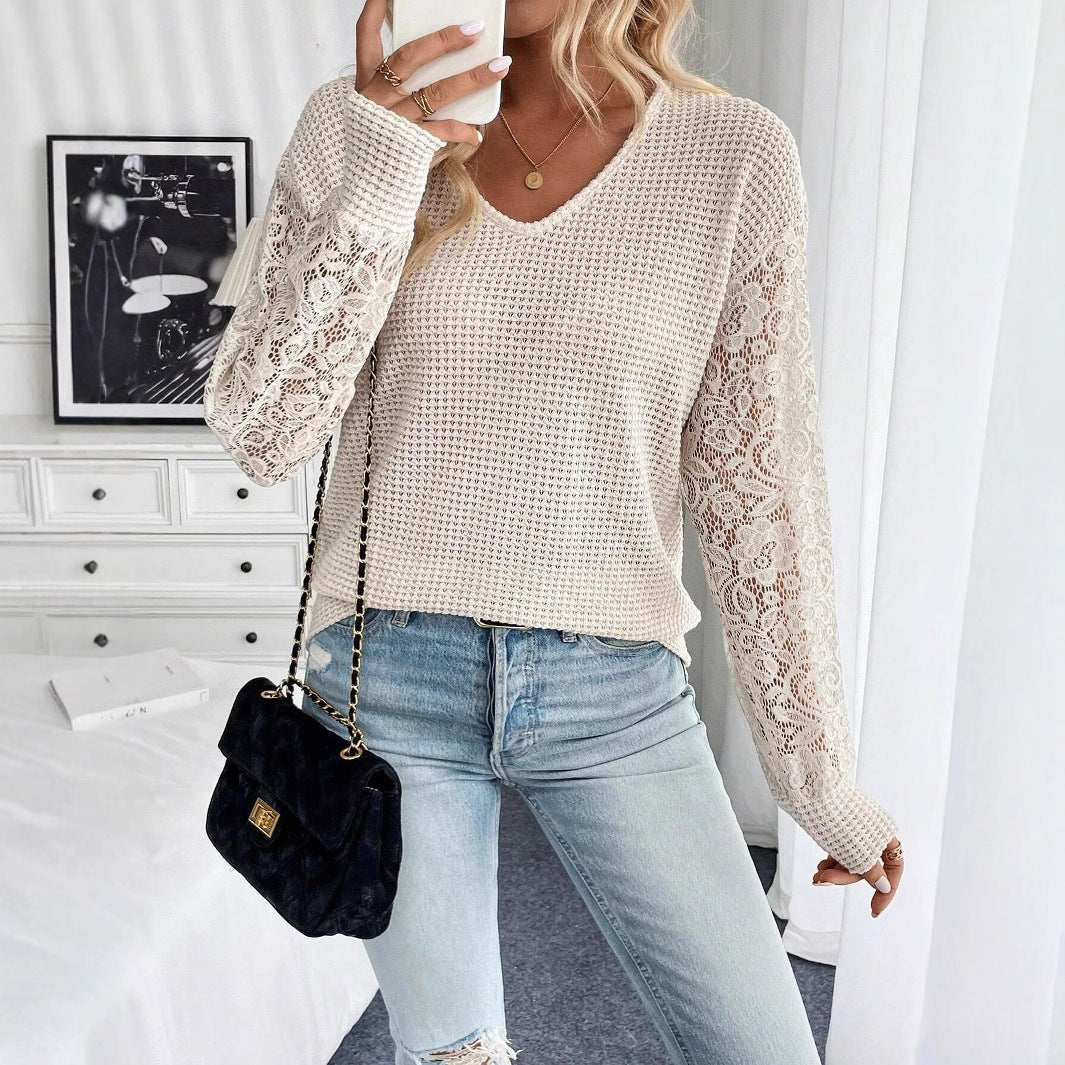 2025 spring new elegant women's solid color V-neck lace splicing long-sleeved T-shirt top women
