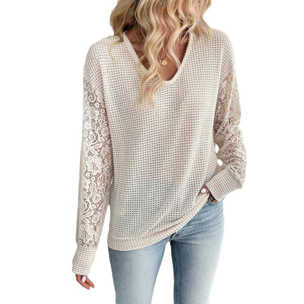2025 spring new elegant women's solid color V-neck lace splicing long-sleeved T-shirt top women