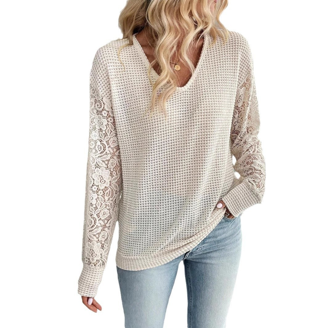 2025 spring new elegant women's solid color V-neck lace splicing long-sleeved T-shirt top women
