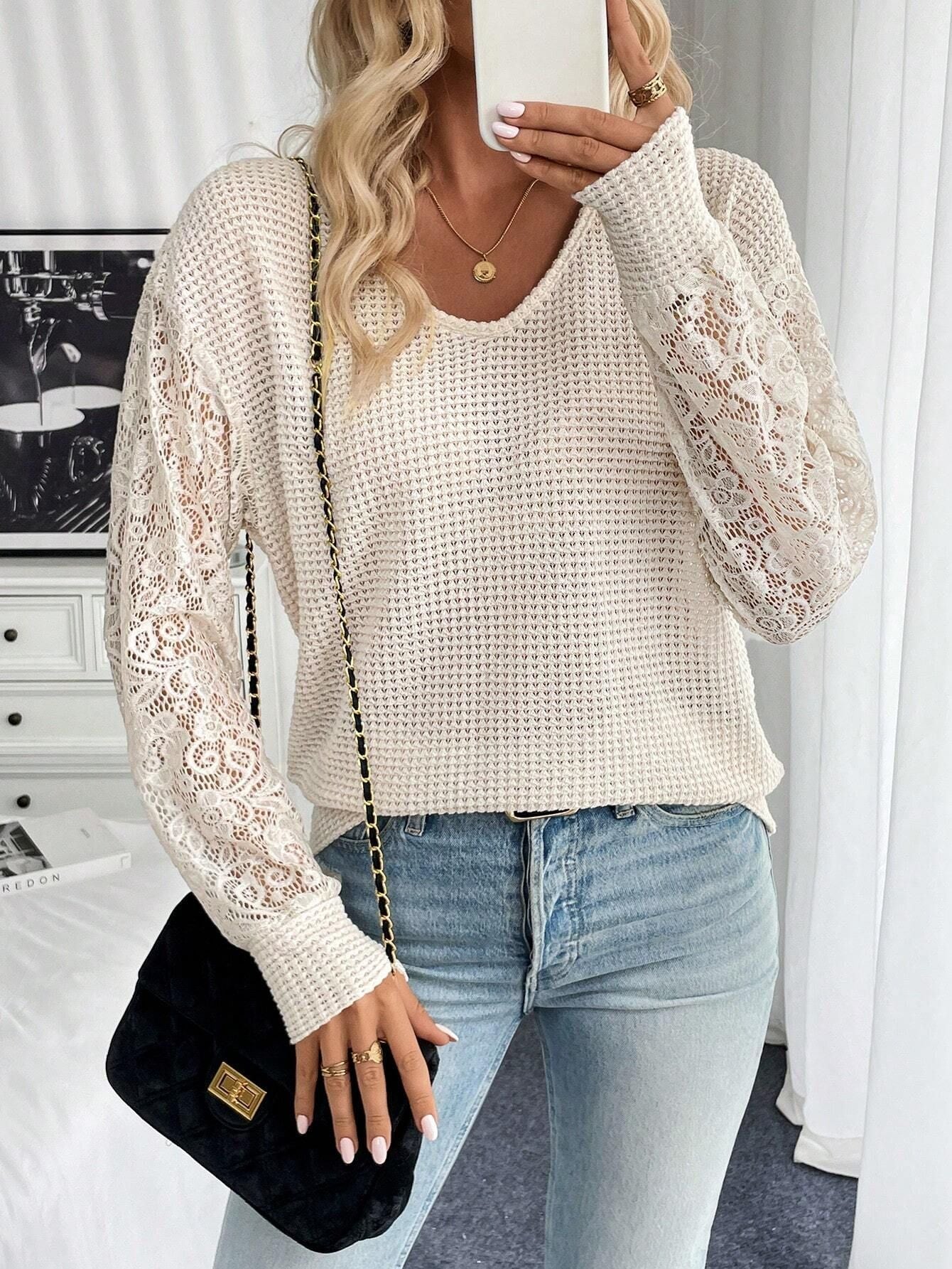 2025 spring new elegant women's solid color V-neck lace splicing long-sleeved T-shirt top women