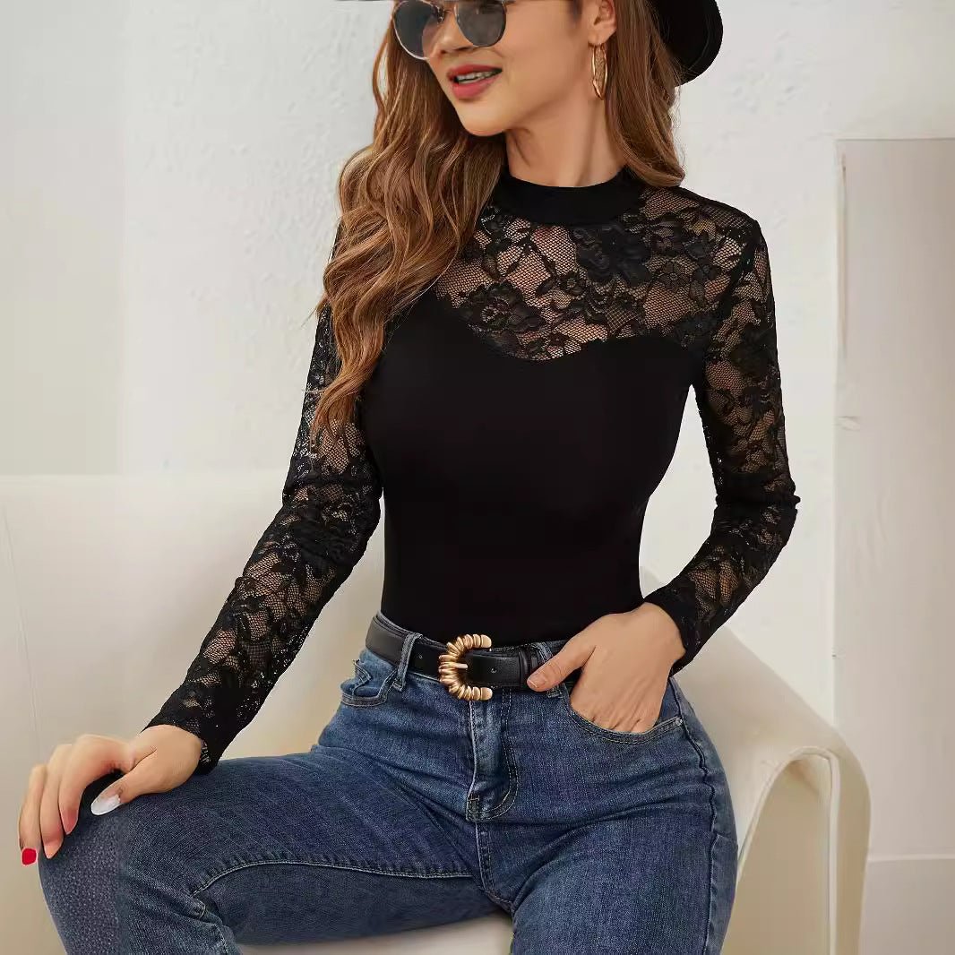 2025 spring new fashion lace splicing long-sleeved small stand-up collar pullover bottom T-shirt top women
