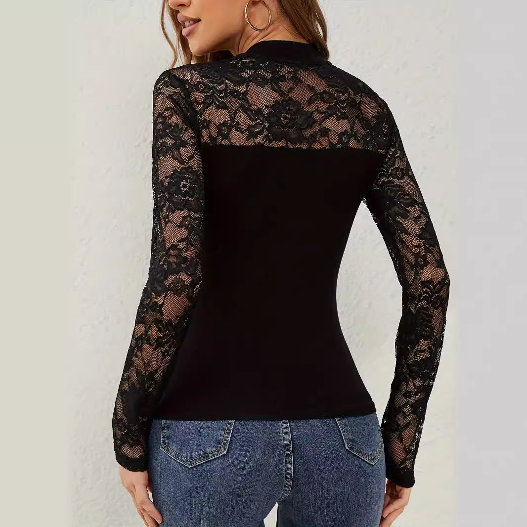 2025 spring new fashion lace splicing long-sleeved small stand-up collar pullover bottom T-shirt top women