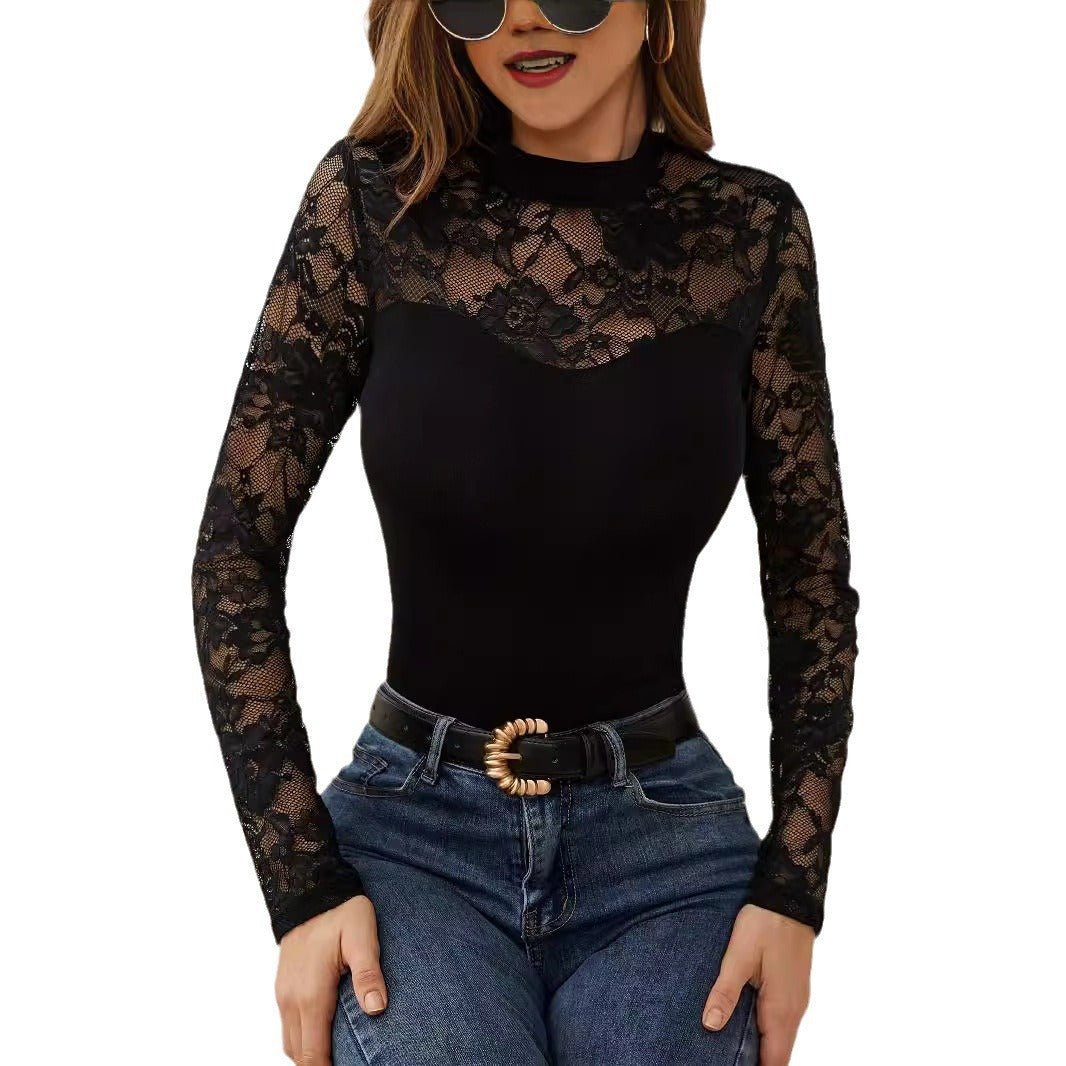 2025 spring new fashion lace splicing long-sleeved small stand-up collar pullover bottom T-shirt top women