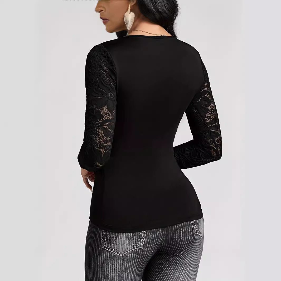 2025 spring solid color cross-stitching lace sleeves new long-sleeved T-shirt slim-fitting and thin top women