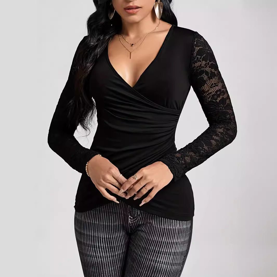 2025 spring solid color cross-stitching lace sleeves new long-sleeved T-shirt slim-fitting and thin top women