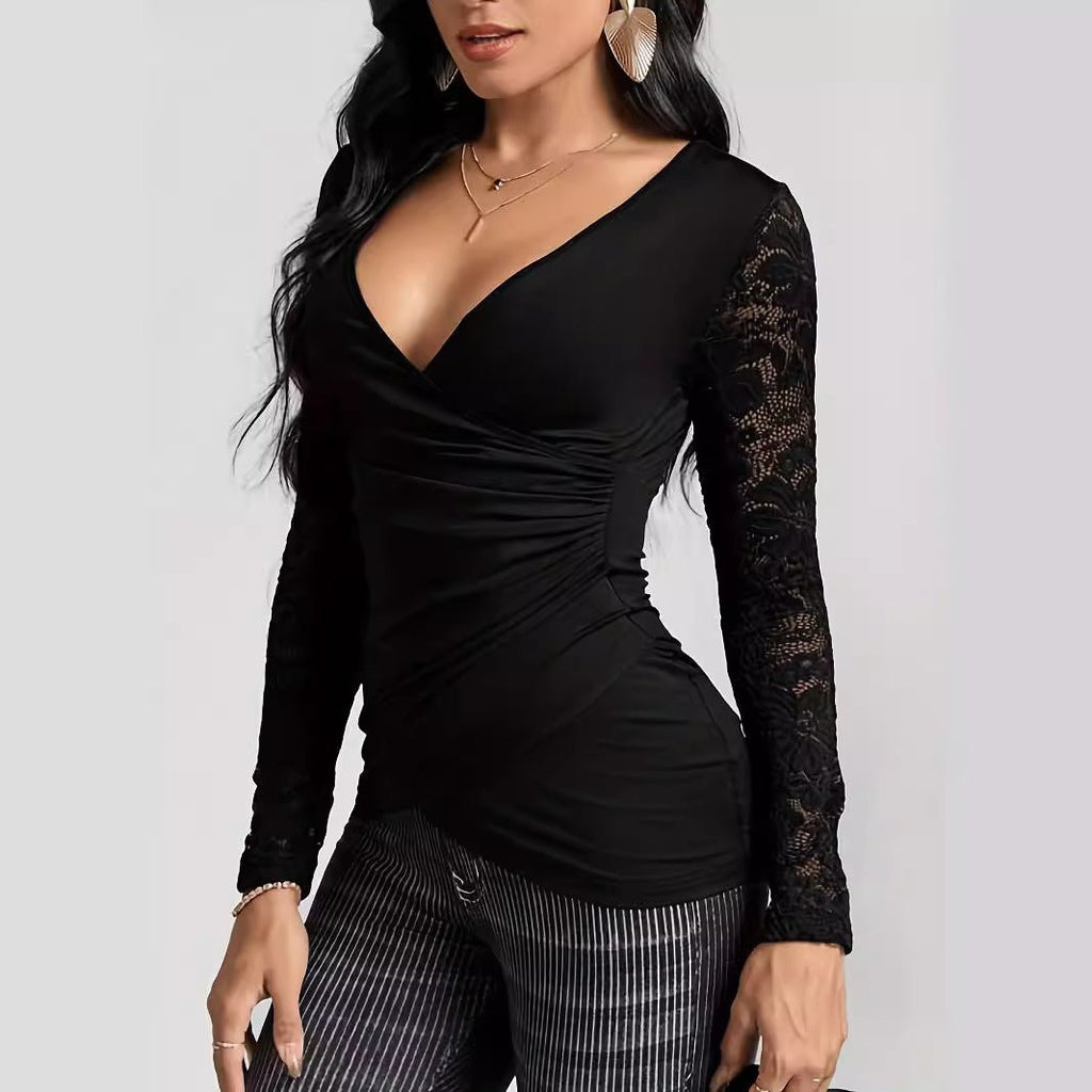 2025 spring solid color cross-stitching lace sleeves new long-sleeved T-shirt slim-fitting and thin top women