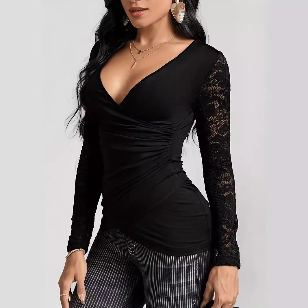 2025 spring solid color cross-stitching lace sleeves new long-sleeved T-shirt slim-fitting and thin top women