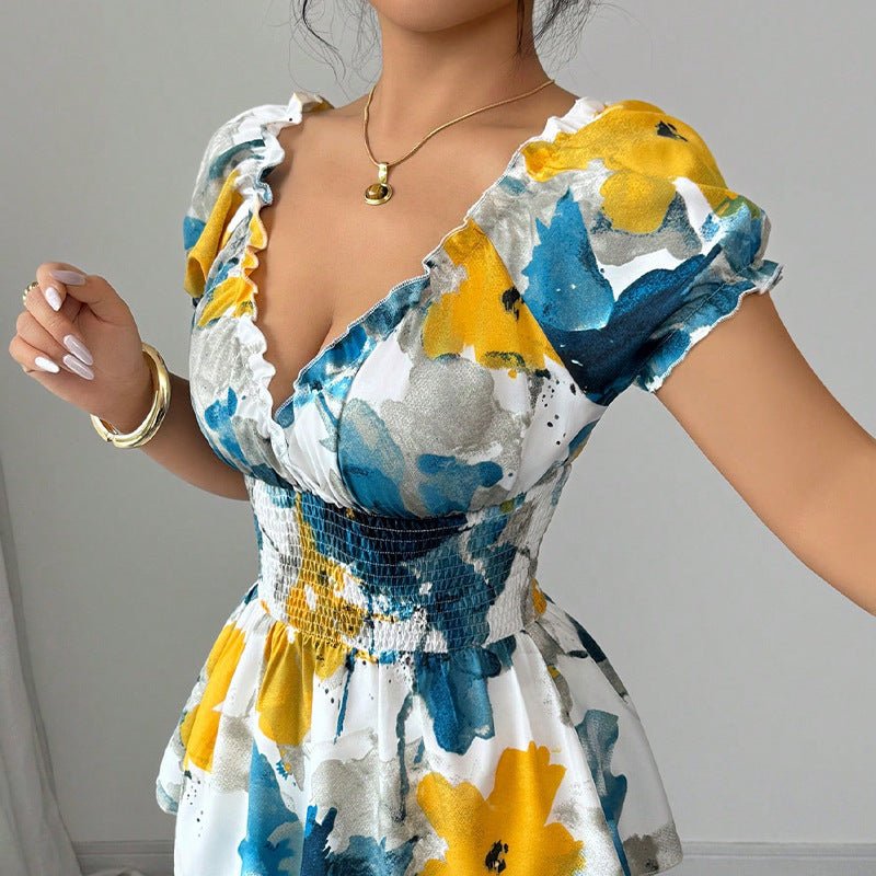 2025 Summer and Holiday Style Deep V Neck Shirt Tie-Dye Slim Pullover Top for Women