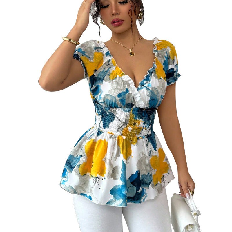 2025 Summer and Holiday Style Deep V Neck Shirt Tie-Dye Slim Pullover Top for Women
