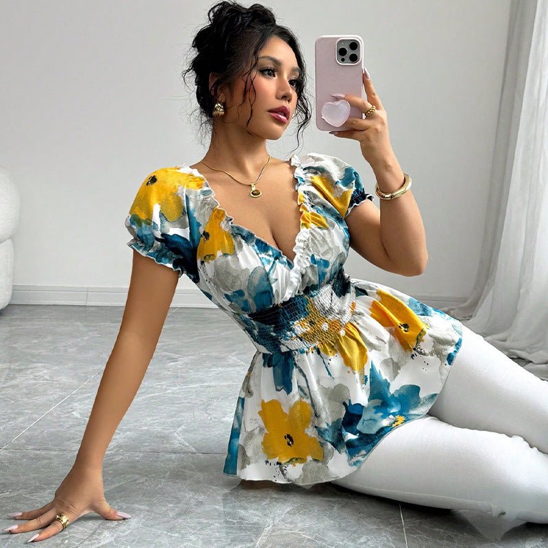 2025 Summer and Holiday Style Deep V Neck Shirt Tie-Dye Slim Pullover Top for Women