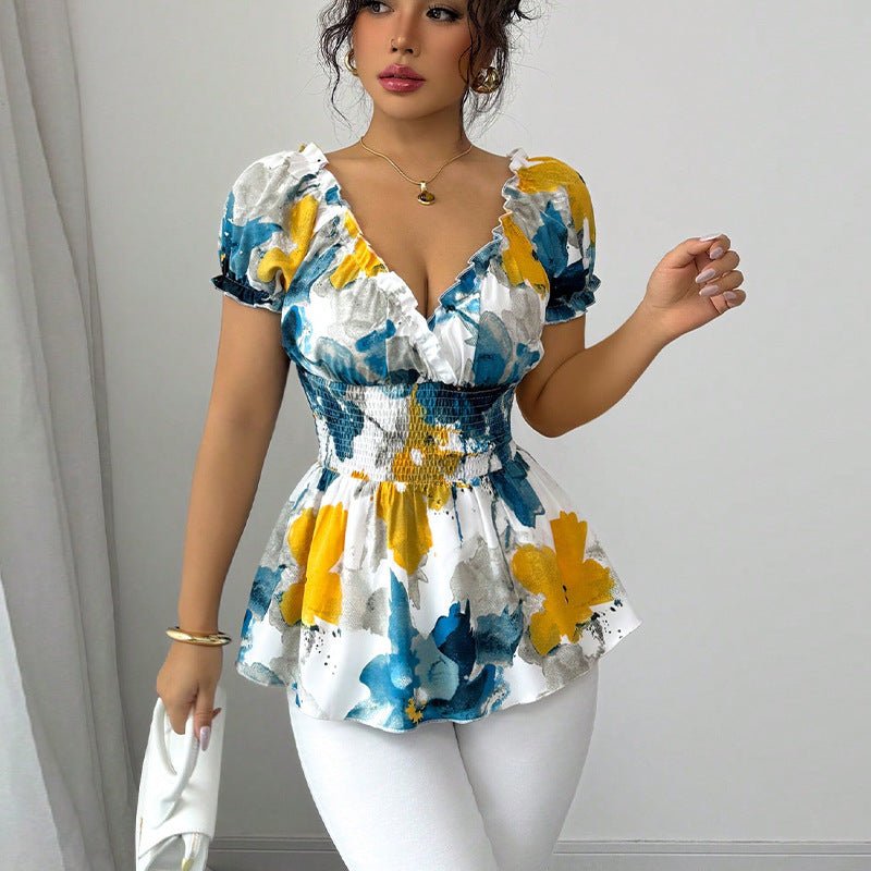 2025 Summer and Holiday Style Deep V Neck Shirt Tie-Dye Slim Pullover Top for Women