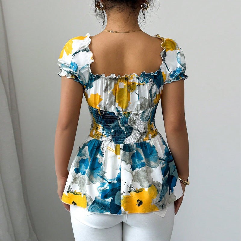 2025 Summer and Holiday Style Deep V Neck Shirt Tie-Dye Slim Pullover Top for Women