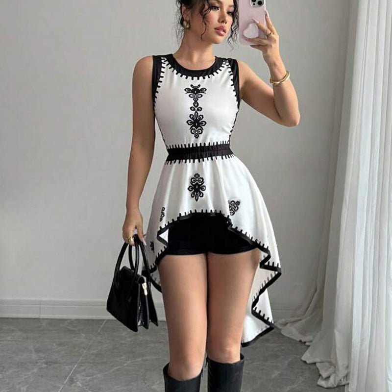2025 Summer and  Irregular Contrast Color Vest Swallowtail Sleeveless Pullover Top Women's Clothing