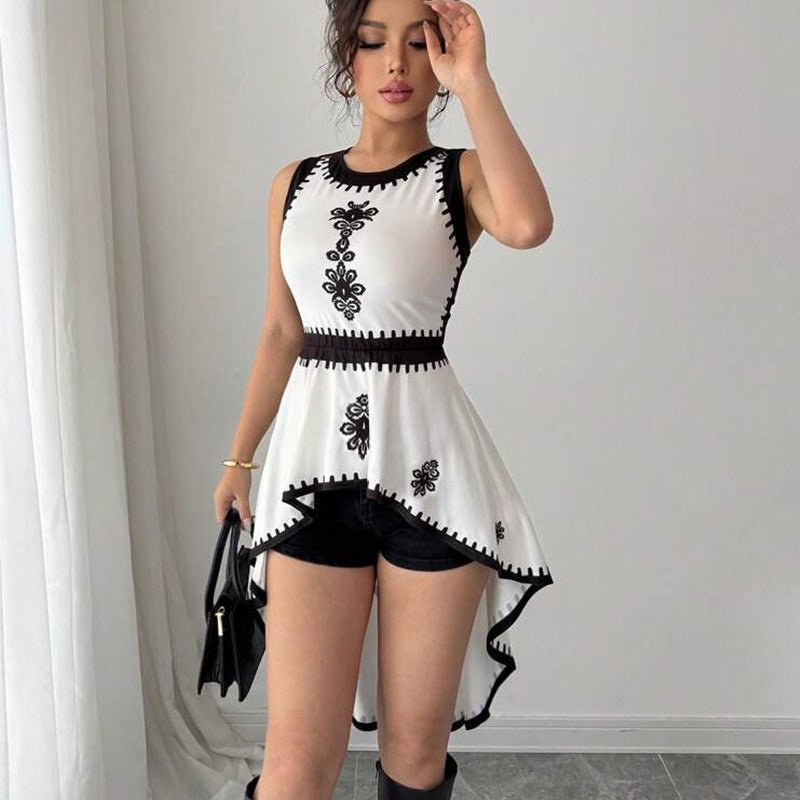 2025 Summer and  Irregular Contrast Color Vest Swallowtail Sleeveless Pullover Top Women's Clothing