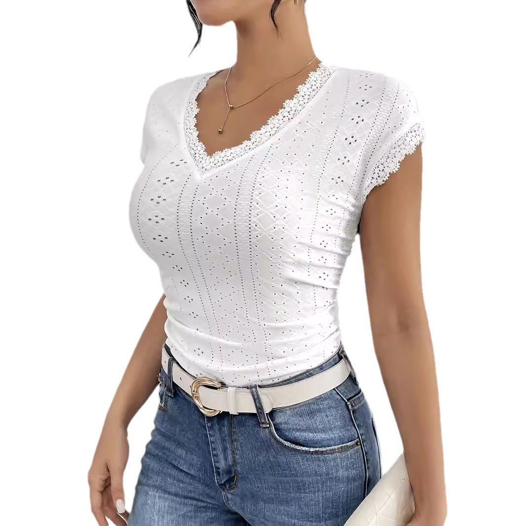 2025 summer clothing elegant lace splicing V-neck short-sleeved solid color T-shirt slim top new women
