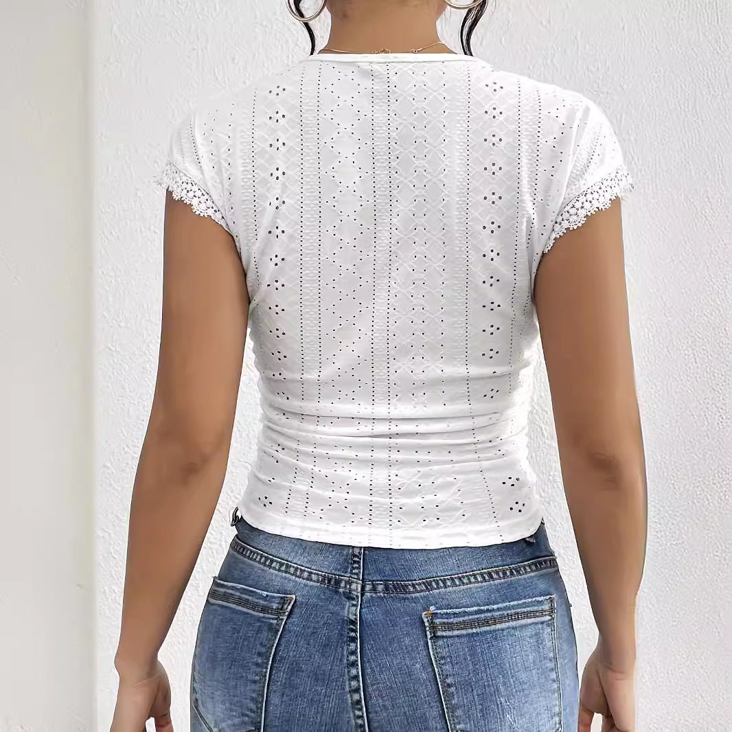 2025 summer clothing elegant lace splicing V-neck short-sleeved solid color T-shirt slim top new women