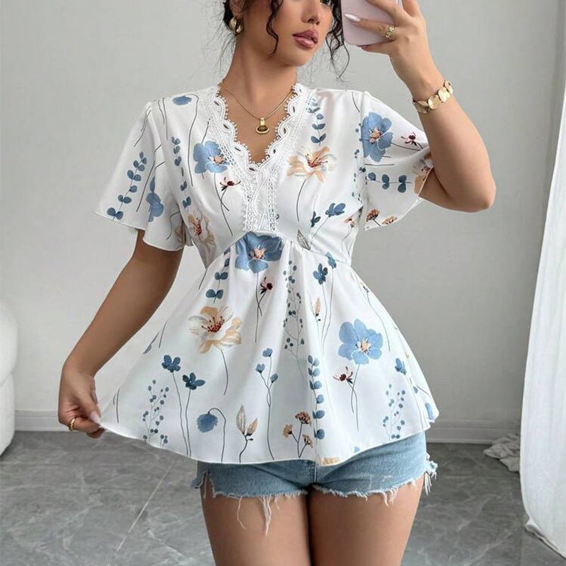 2025 summer holiday style an and n short-sleeved tops lace v-neck shirt small floral pullover for women