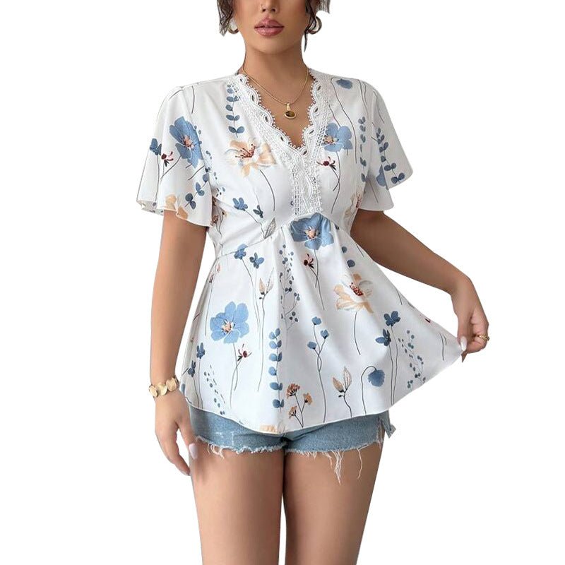 2025 summer holiday style an and n short-sleeved tops lace v-neck shirt small floral pullover for women