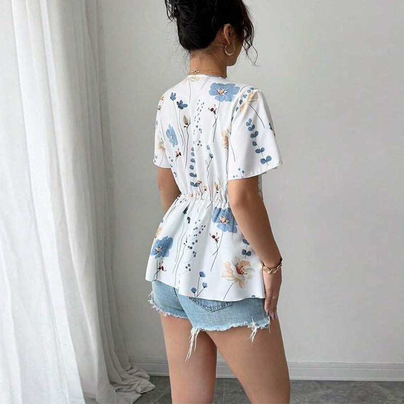 2025 summer holiday style an and n short-sleeved tops lace v-neck shirt small floral pullover for women