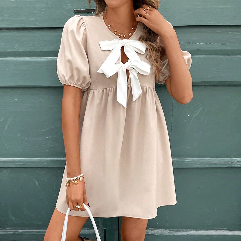 2025 Summer New an and n Short Sleeve Dress Design Bowknot Collar Sleeve A-line Dress Women