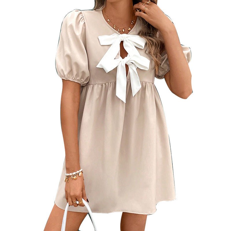 2025 Summer New an and n Short Sleeve Dress Design Bowknot Collar Sleeve A-line Dress Women