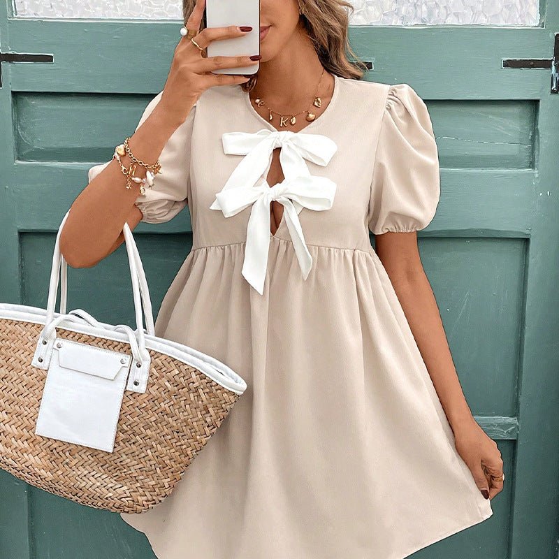 2025 Summer New an and n Short Sleeve Dress Design Bowknot Collar Sleeve A-line Dress Women
