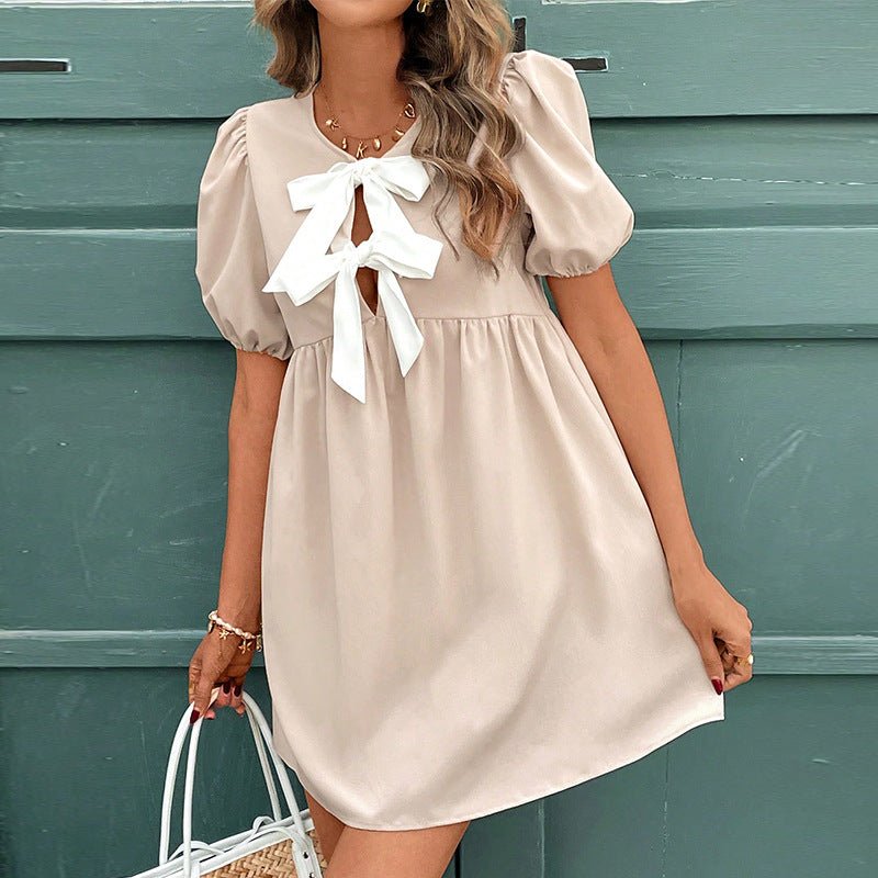 2025 Summer New an and n Short Sleeve Dress Design Bowknot Collar Sleeve A-line Dress Women
