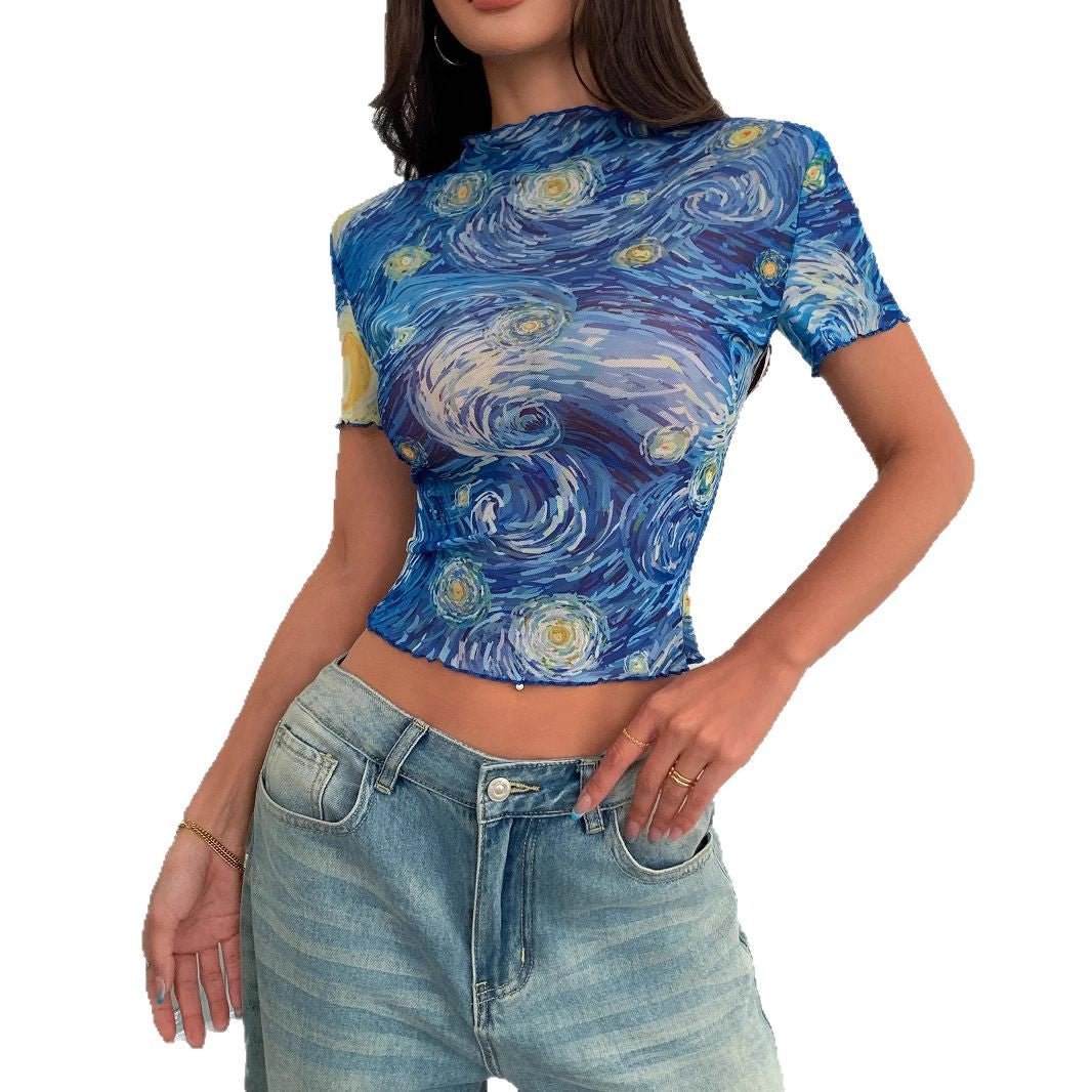 2025 summer new elegant women's blue printed short-sleeved semi-turtleneck starry sky mesh top women