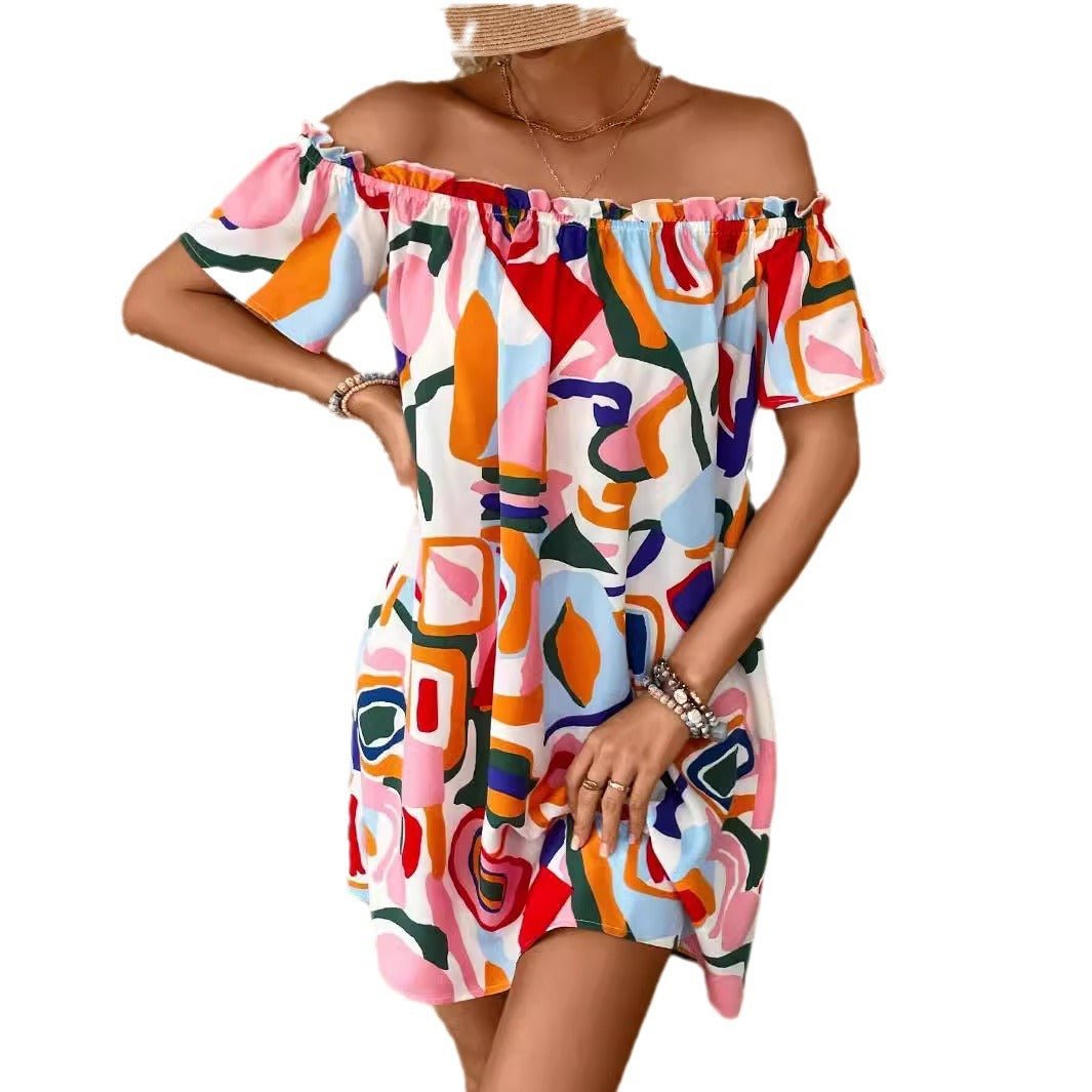 2025 summer new elegant women's tropical print off-the-shoulder dress