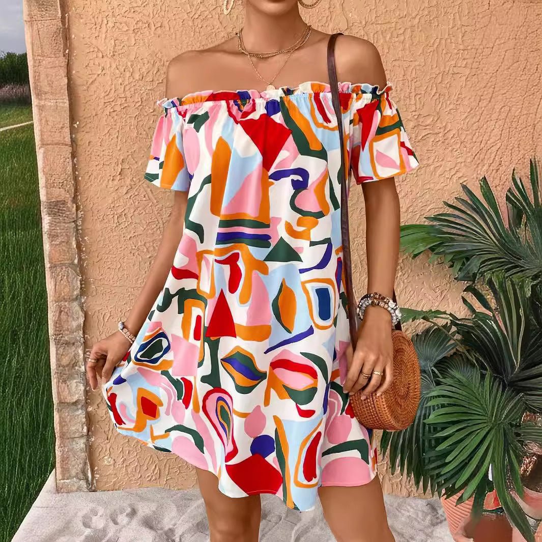2025 summer new elegant women's tropical print off-the-shoulder dress