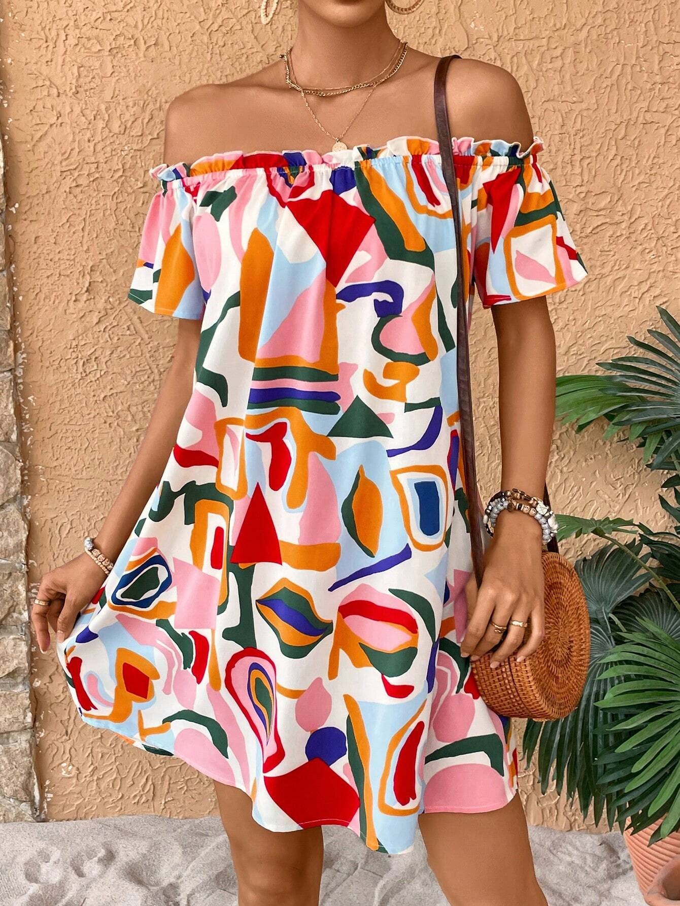 2025 summer new elegant women's tropical print off-the-shoulder dress