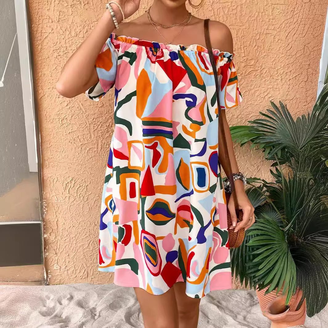 2025 summer new elegant women's tropical print off-the-shoulder dress