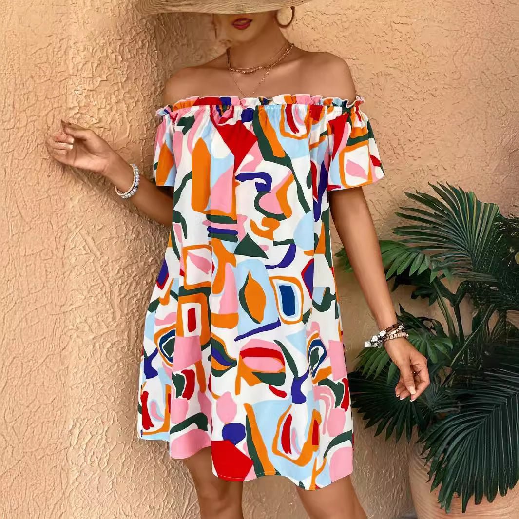 2025 summer new elegant women's tropical print off-the-shoulder dress