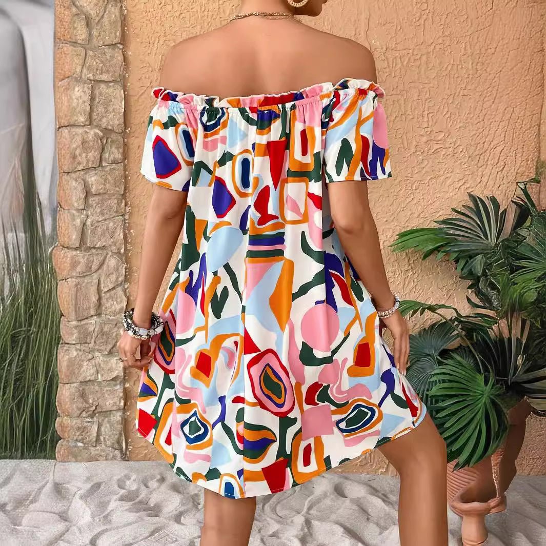 2025 summer new elegant women's tropical print off-the-shoulder dress