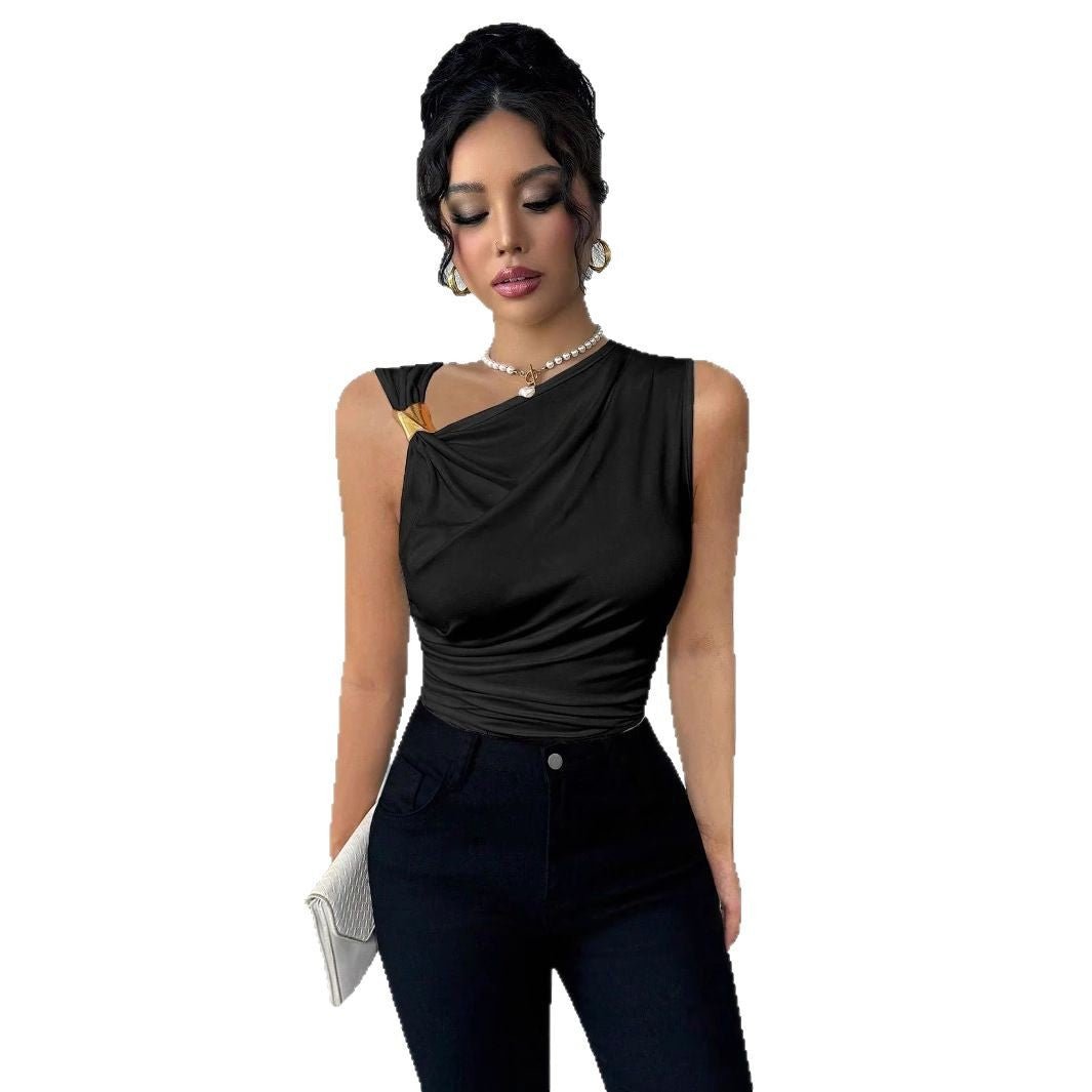 2025 summer new fashionable versatile slim-fit solid color pleated metal decorative sleeveless pullover T-shirt