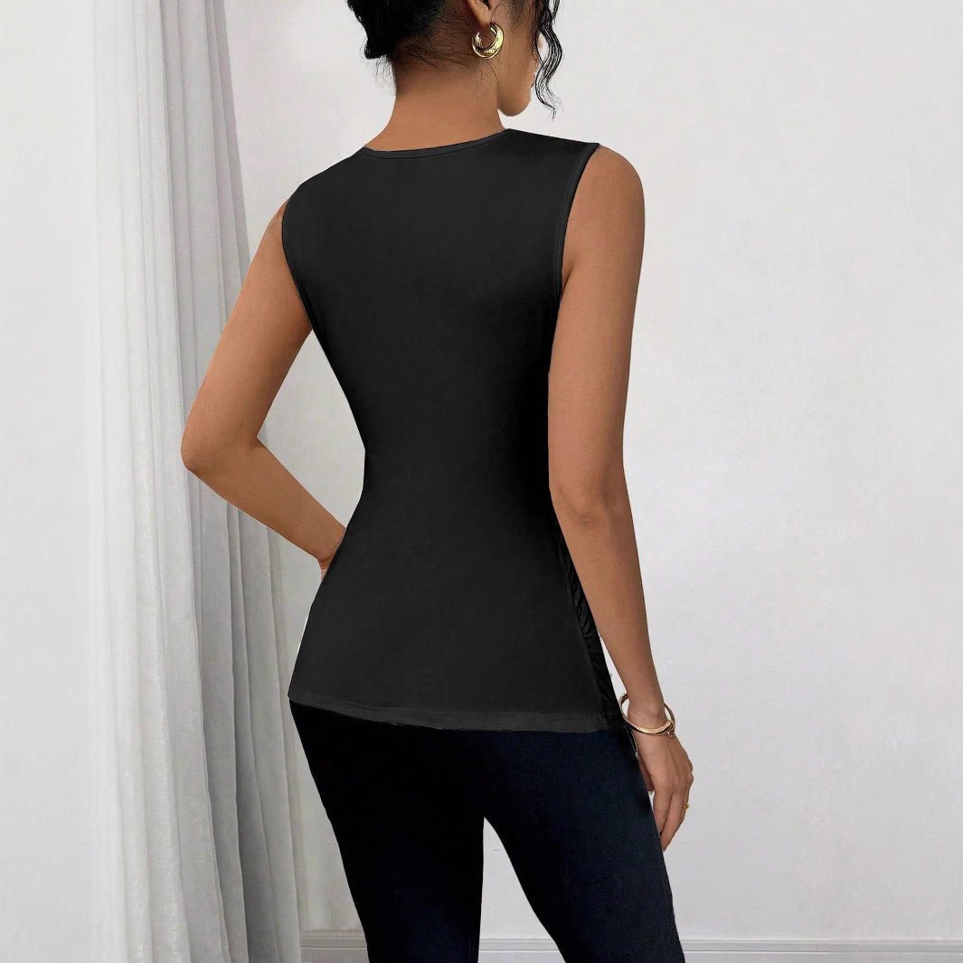 2025 summer new fashionable versatile slim-fit solid color pleated metal decorative sleeveless pullover T-shirt