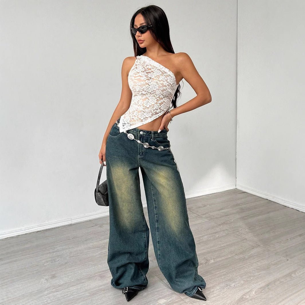 2025 summer new lace waist hollow asymmetrical shoulder collar niche design women's top