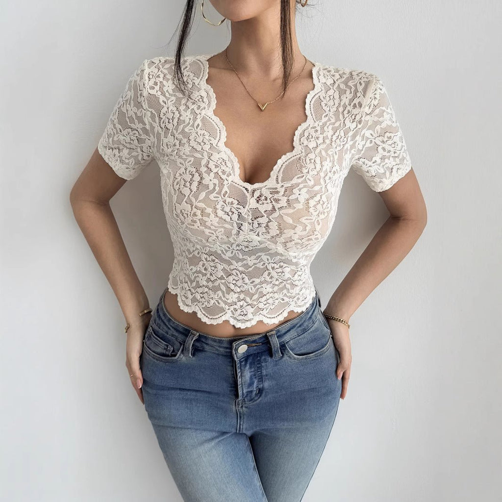 2025 summer new sexy lace V-neck T-shirt female slim and thin short Spice Girl top